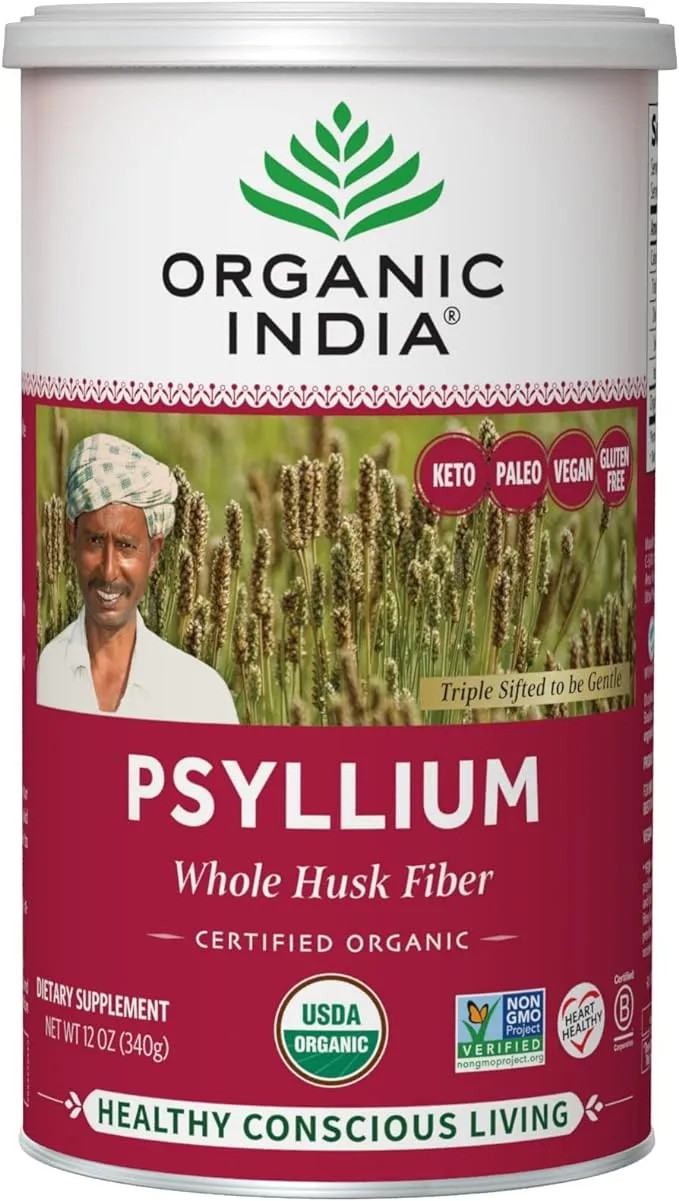 ORGANIC INDIA Psyllium Herbal Powder - Whole Husk Fiber, Healthy Elimination, Keto Friendly, Vegan, Gluten-Free, USDA Certified Organic, Non-GMO, Soluble & Insoluble Fiber Source - 12 oz Canister