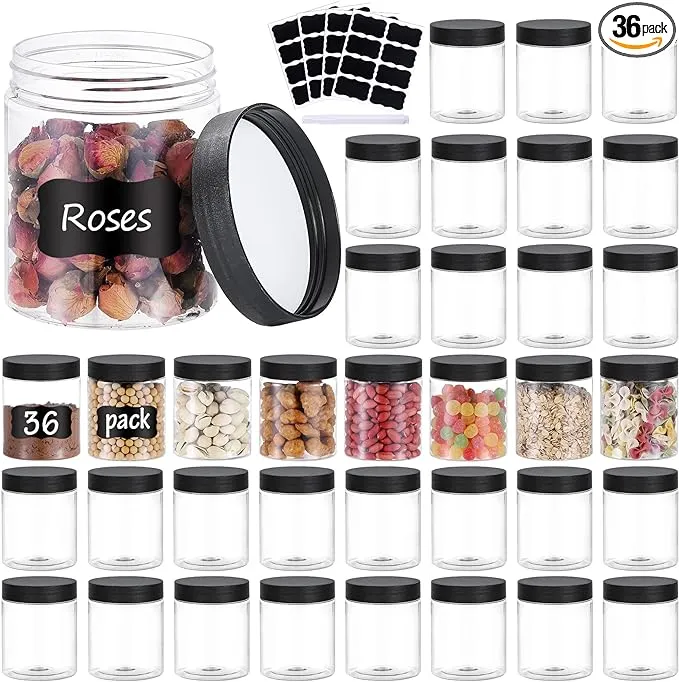 36PCS 8OZ Plastic Jars with Screw On Lids, Pen and Labels Refillable Empty Round Slime Cosmetics Containers for Storing Dry Food, Makeup, Slime, Honey Jam, Cream, Butter, Lotion (Black)