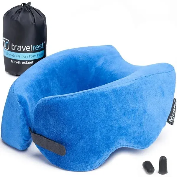 TRAVELREST Nest Memory Foam Travel Pillow/Neck Pillow - Advanced Neck Support for Long Flights - Patented Design for Optimal Relaxation - Long Travel - Unmatched Sleep - Machine Washable - Blue