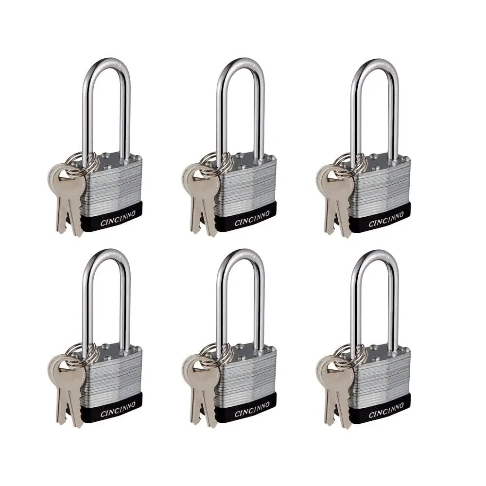 Laminated Steel Padlock with Key，6 Pack Keyed Alike Padlocks with Long Shackle