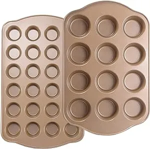 Nonstick Muffin Pan, Mini Cupcake Pan Set, Muffin Tins for Baking, 2 Pack, 12-Cup and 24-Cup, Gold