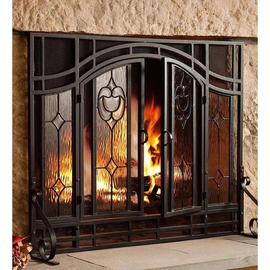 Plow & Hearth Floral Glass Panel Screen Fireplace Screen