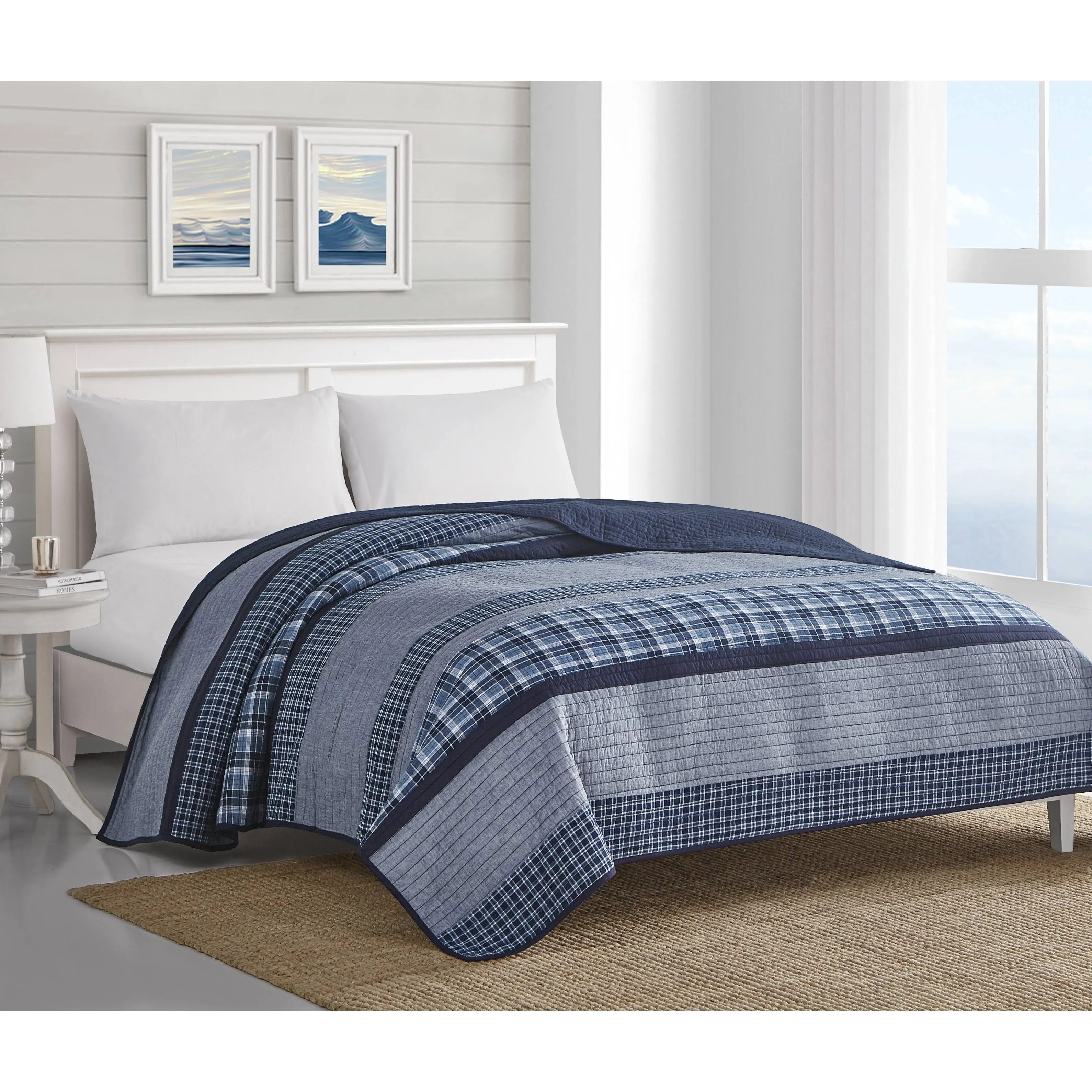 Nautica Quilt King 96&#034;X104&#034; 1-Piece Navy Blue Striped+Plaid Cotton Reversible