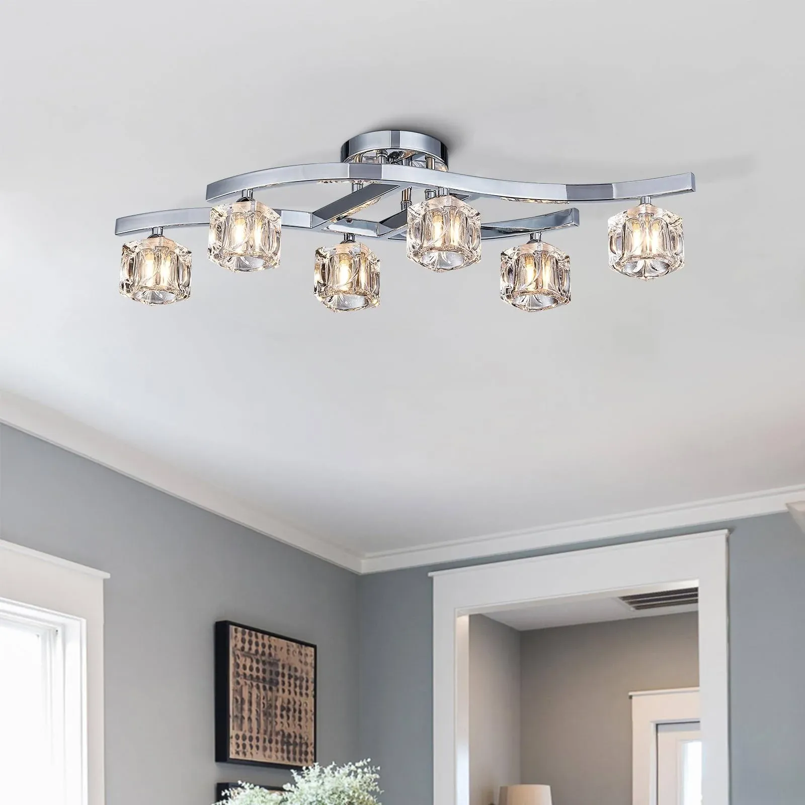 Bestier Modern Elegant Glass Crystal Ceiling Light Chandelier 6 Light Chrome ...