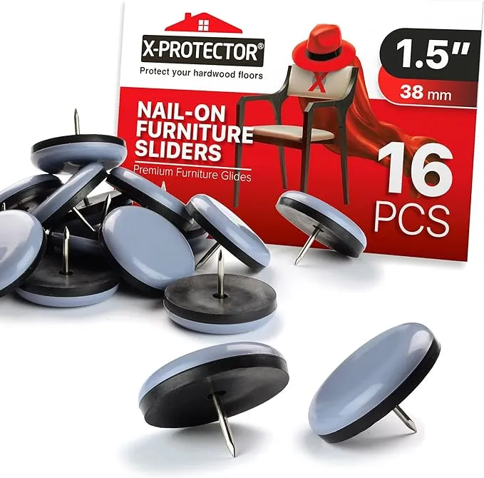 Chair Glides X-PROTECTOR – 1.5" Furniture Glides 16 pcs – Best Nail on Furniture Sliders – Premium Chair Leg Floor Protectors – Slide Effortlessly with Chair Leg Pads That Protects Your Floor!