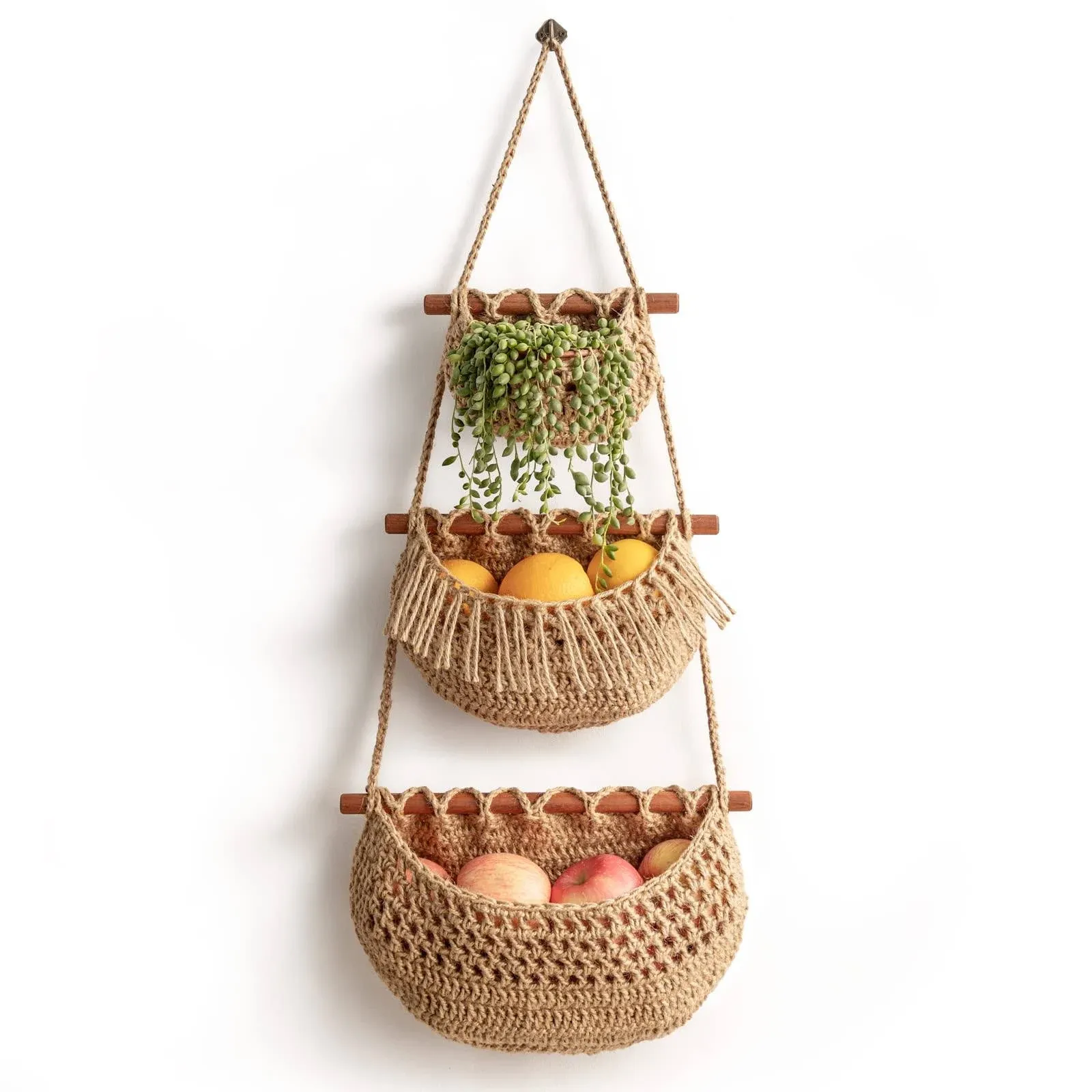 Hanging Fruit Basket, Handmade 3 Tier Woven Jute Wall Basket for 