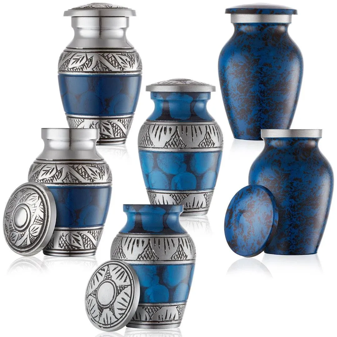 Reminded Small Cremation Urns for Human Ashes, Mini Keepsake Set of 6 Blue and Silver with Velvet Case