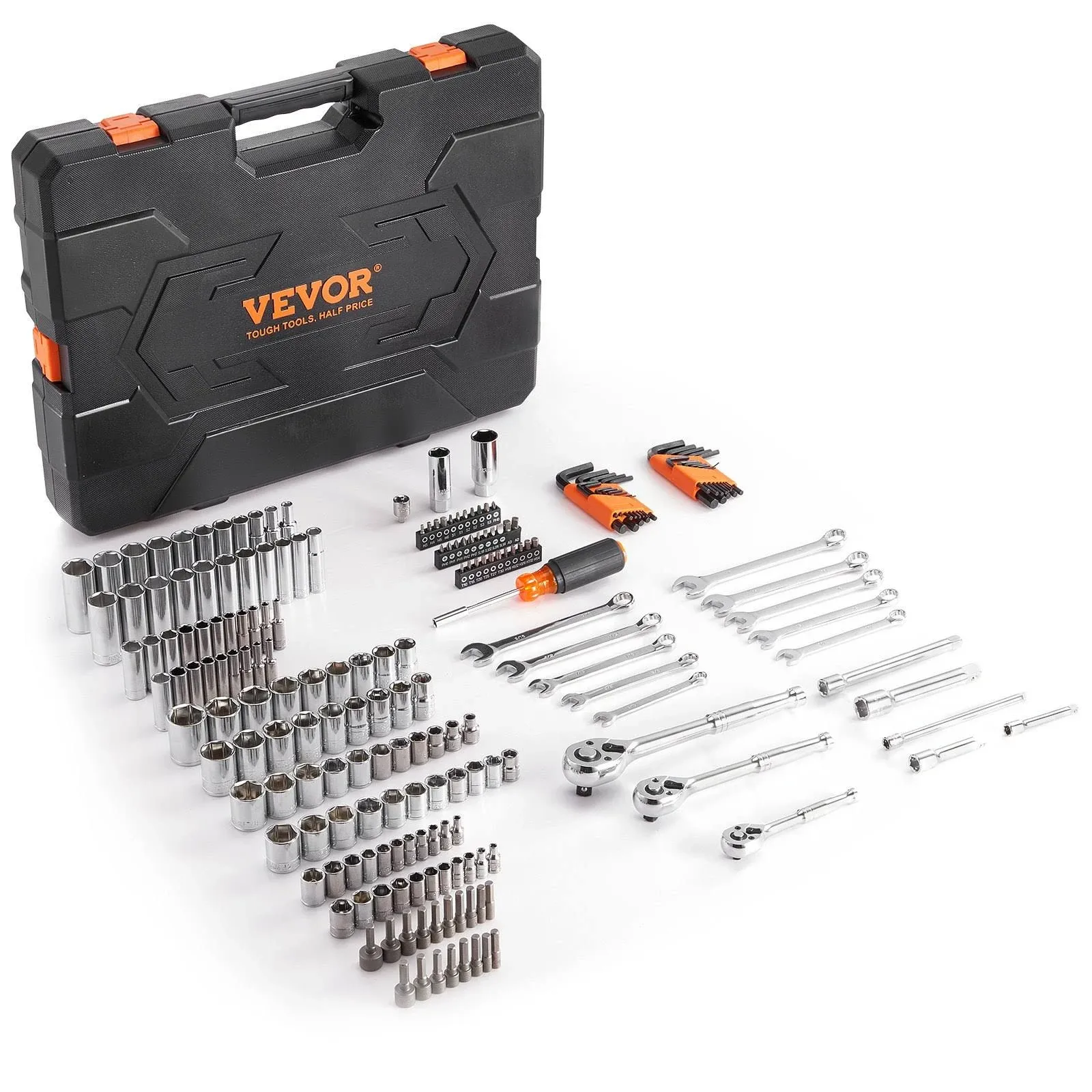 VEVOR Mechanics Tool Set and Socket Set, 1/4&quot; 3/8&quot; 1/2&quot; Drive Deep and Standard Sockets, 205 Pcs SAE and Metric Mechanic Tool Kit with Bits, Combination Wrench, Hex Wrenches, Accessories, Storage Case