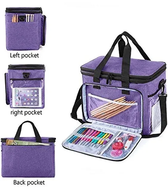 Teamoy Knitting Bag, Yarn Tote Organizer with Cover and Inner Divider (Sewn to Bottom) for Crochet Hooks, Knitting Needles(up To 14”), Project and Supplies, Purple(No Accessories Included)