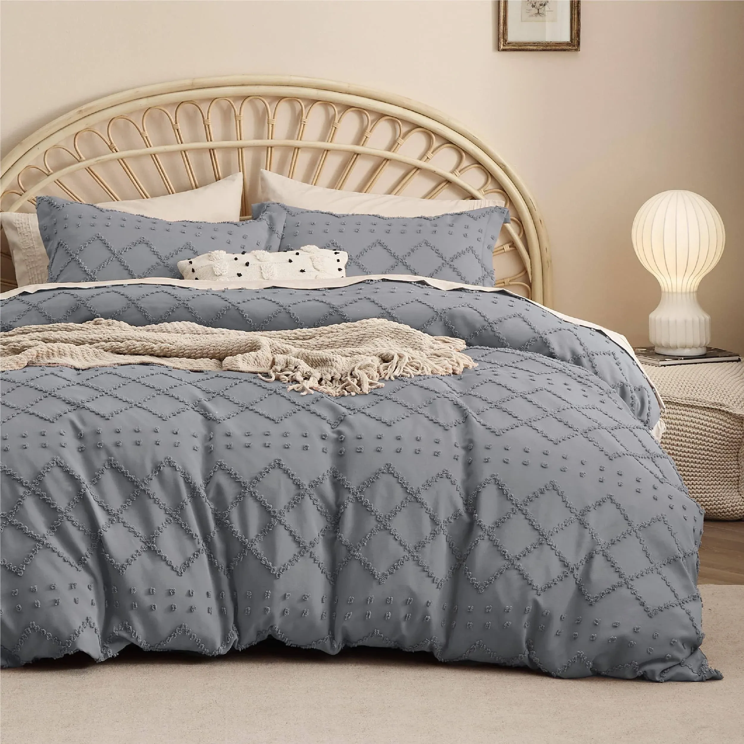 Bedsure Boho Duvet Cover Queen - Boho Bedding, Tufted Queen Duvet Cover for All Seasons, 3 Pieces Embroidery Shabby Chic Home Bedding Duvet Cover (Grey, Queen, 90x90)