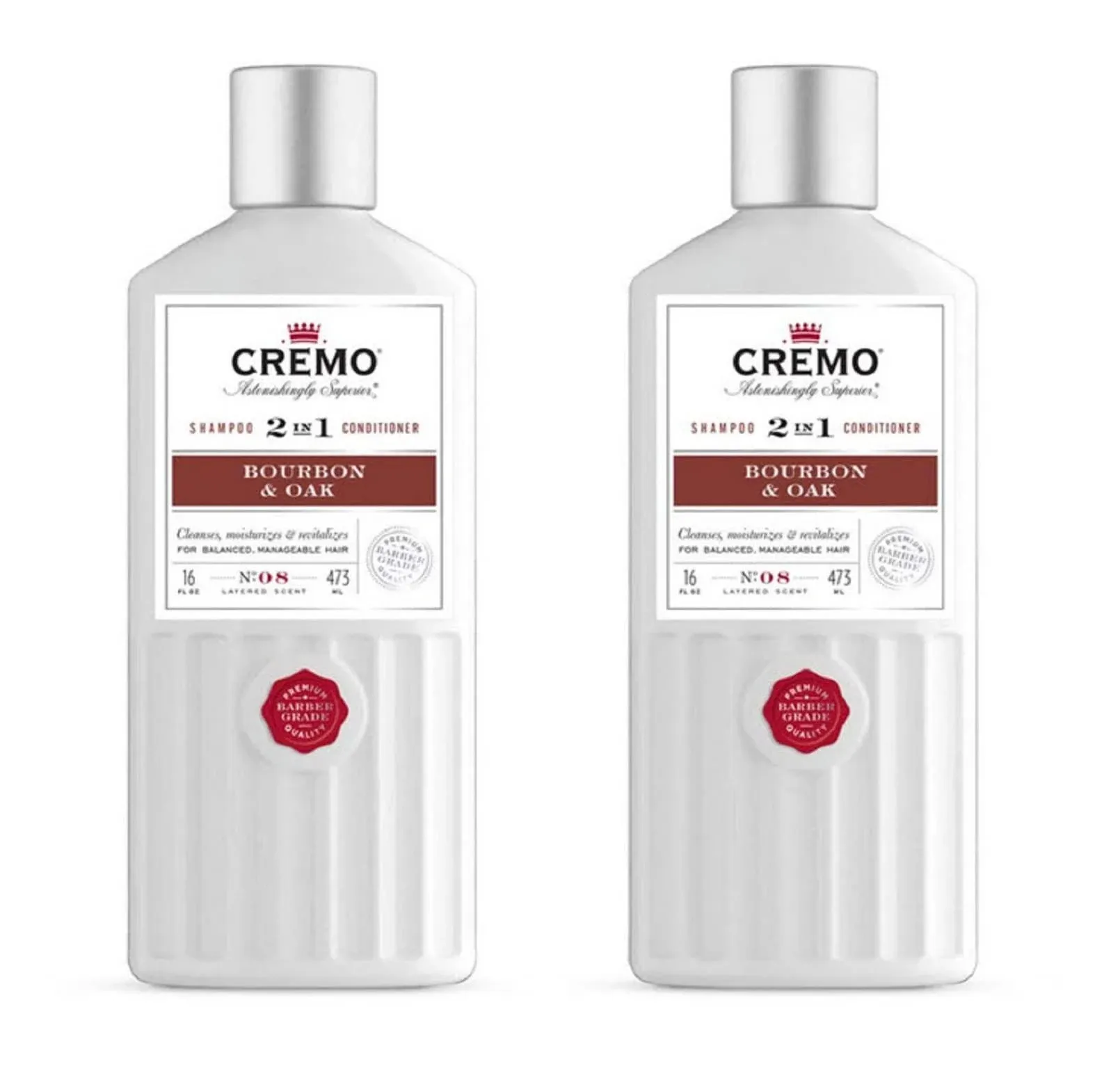 Cremo Bourbon & Oak Barber Grade 2-in-1 Shampoo & Conditioner, 16 fl oz 2-Pack - A Sophisticated Blend of Distillers Spice, Fine Bourbon and White