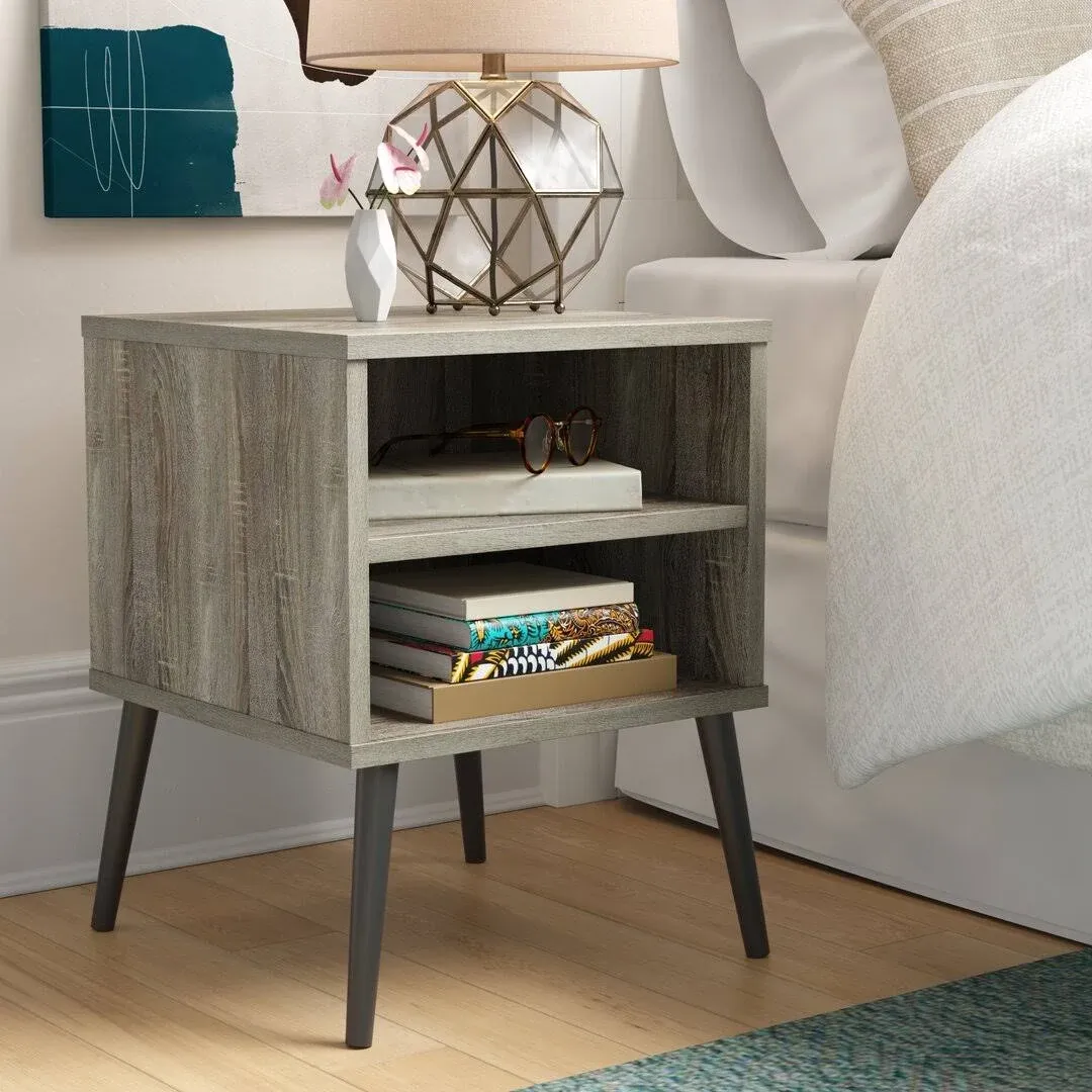 Furinno Claude Mid Century Style Nightstand with Wood Legs, 15.55 (D) x 15.55 (W) x 20.16 (H) inches, French Oak Grey