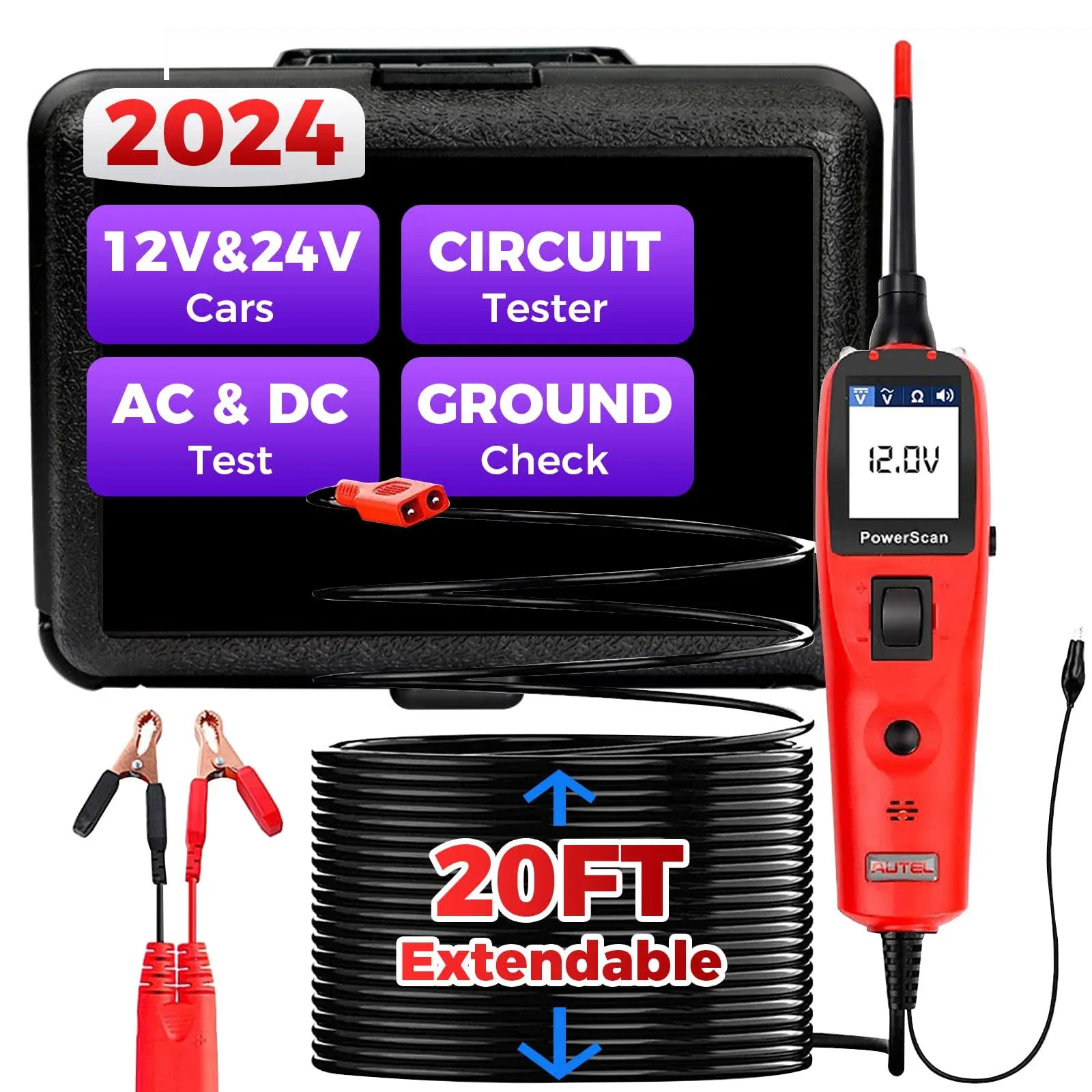 Autel PowerScan Circuit Tester 2025, 12V 24V Automotive Power Circuit Probe Kit, Read AC DC Voltage Resistance PS100, for Frequency/Duty Cycle/Voltage Test, Activating Component, w/ 20ft Cable