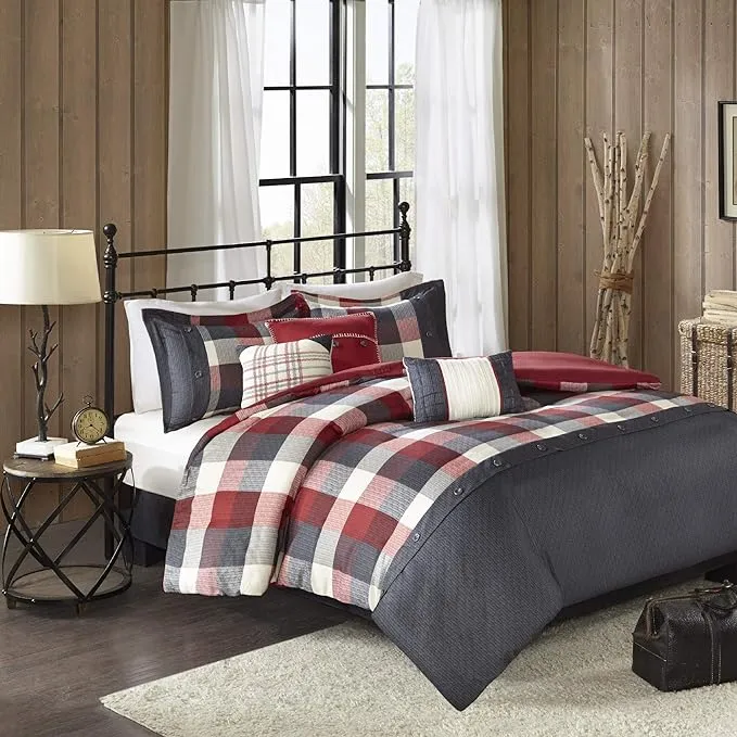 Madison Park Ridge Comforter Set - Cabin Lodge Plaid Herringbone Design, All Season Down Alternative Cozy Bedding with Matching Bedskirt, Shams, Decorative Pillow, Red Queen(90"x90") 7 Piece