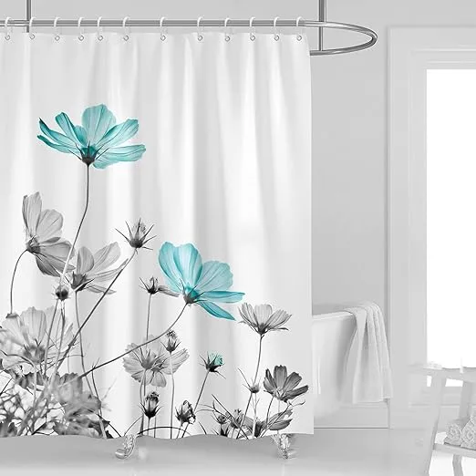 Teal and Gray Floral Shower Curtain 60''W x 72''L Grey White Daisy Flower Elegant Wildflower Design Farmhouse Polyester Fabric Waterproof 12 Pack Plastic Hooks