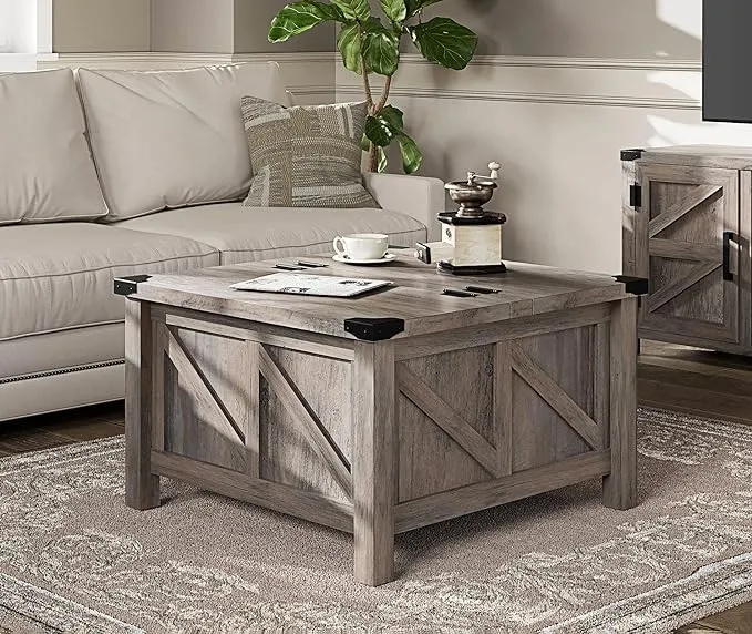 WAMPAT Square Farmhouse Coffee Table with Storage for Living Room, 30x30 inch Wooden Dining Center Table with Gas Spring Flip-Top for Large Hidden Storage, Metal Wrapped Table Corners, Washed Grey