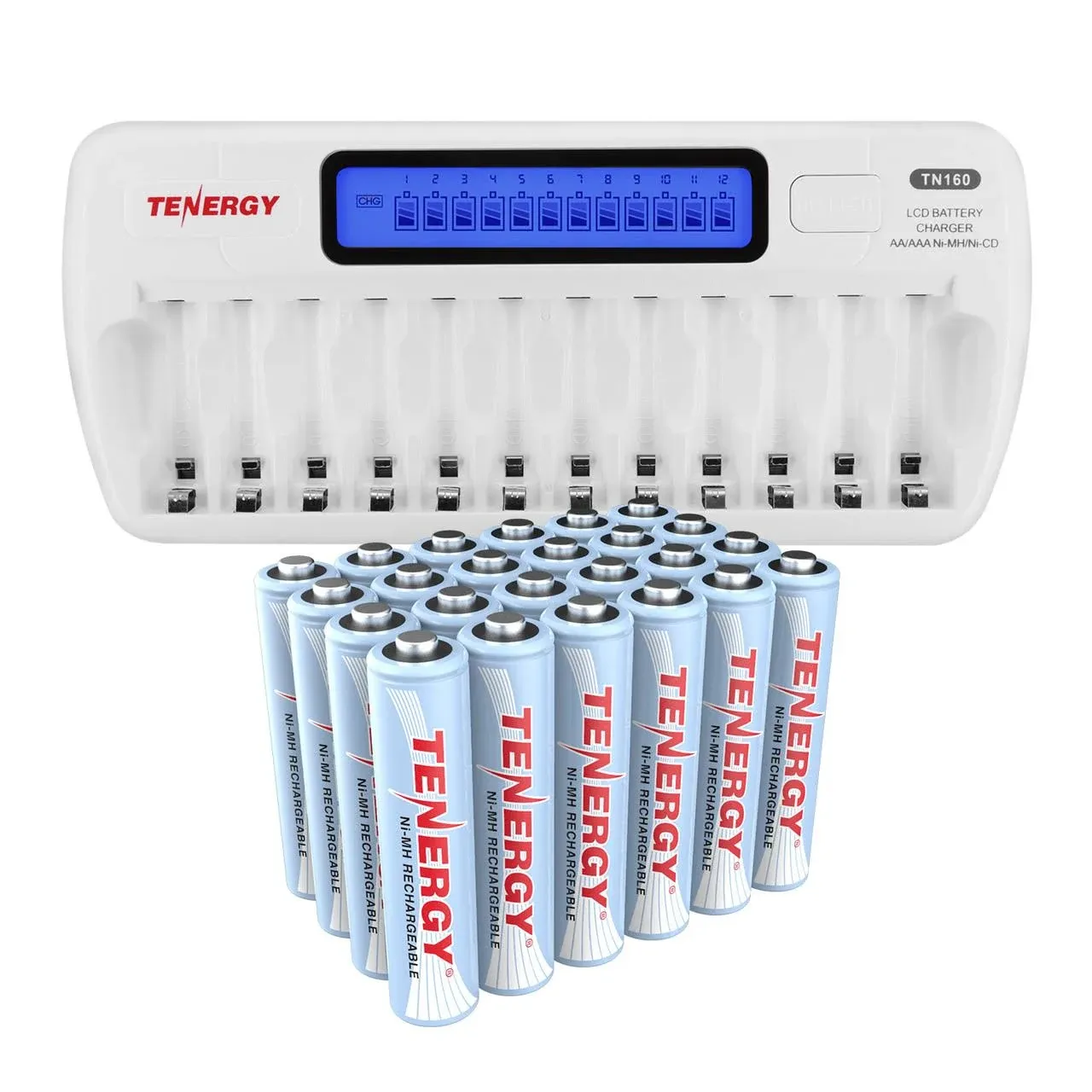 Tenergy TN160 12-Bay LCD NiMH/NiCd AAA/AA Battery Charger + AA NiMH Rechargeable Batteries