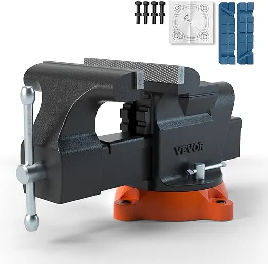 VEVOR Bench Vise, 6-inch Jaw Width 5.9-inch Jaw Opening, 360-Degree Swivel Locking Base Multipurpose Vise w/Anvil, Heavy Duty Ductile Iron Workbench Vise w/Bolts & Nuts, for Drilling, Pipe Cutting