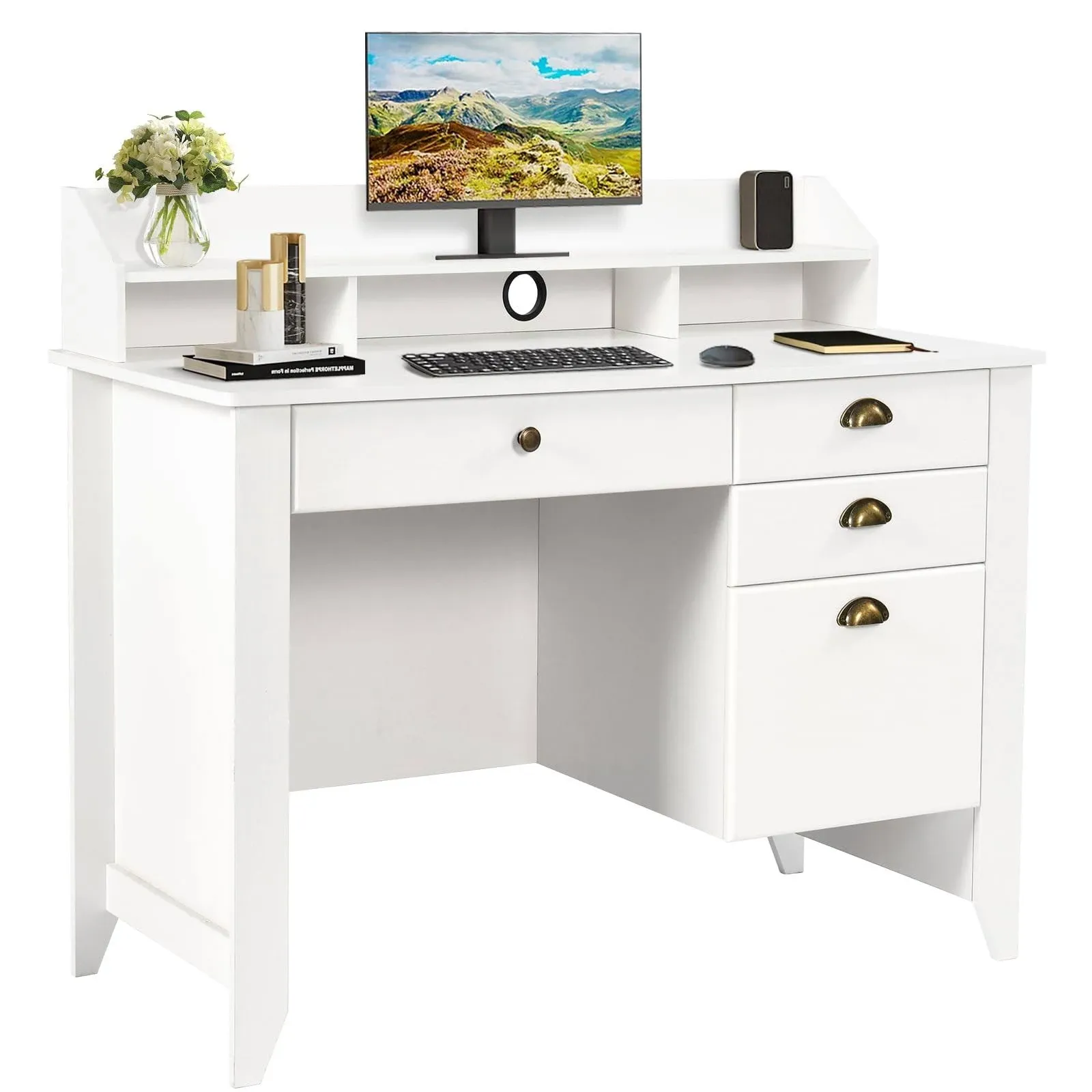 Computer Desk with Drawers and Hutch Wood Home Office Desk White Exec