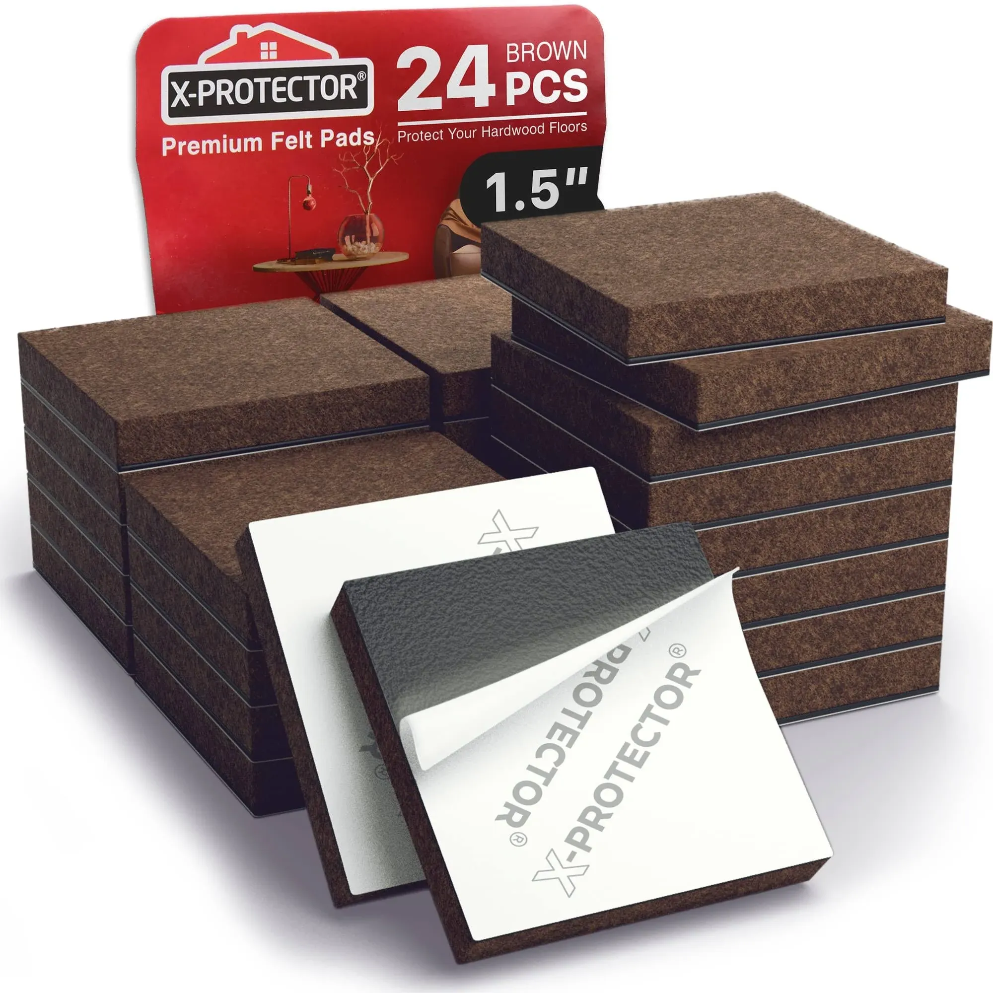 Heavy-Duty Felt Furniture Pads 1.5” - 24 pcs 1/4” Thick X-Protector - The Best Felt Floor Protectors for Furniture - Square Felt Pads for Heavy Furniture Feet to Prevent Scratches - Protect Your Hard Floor!