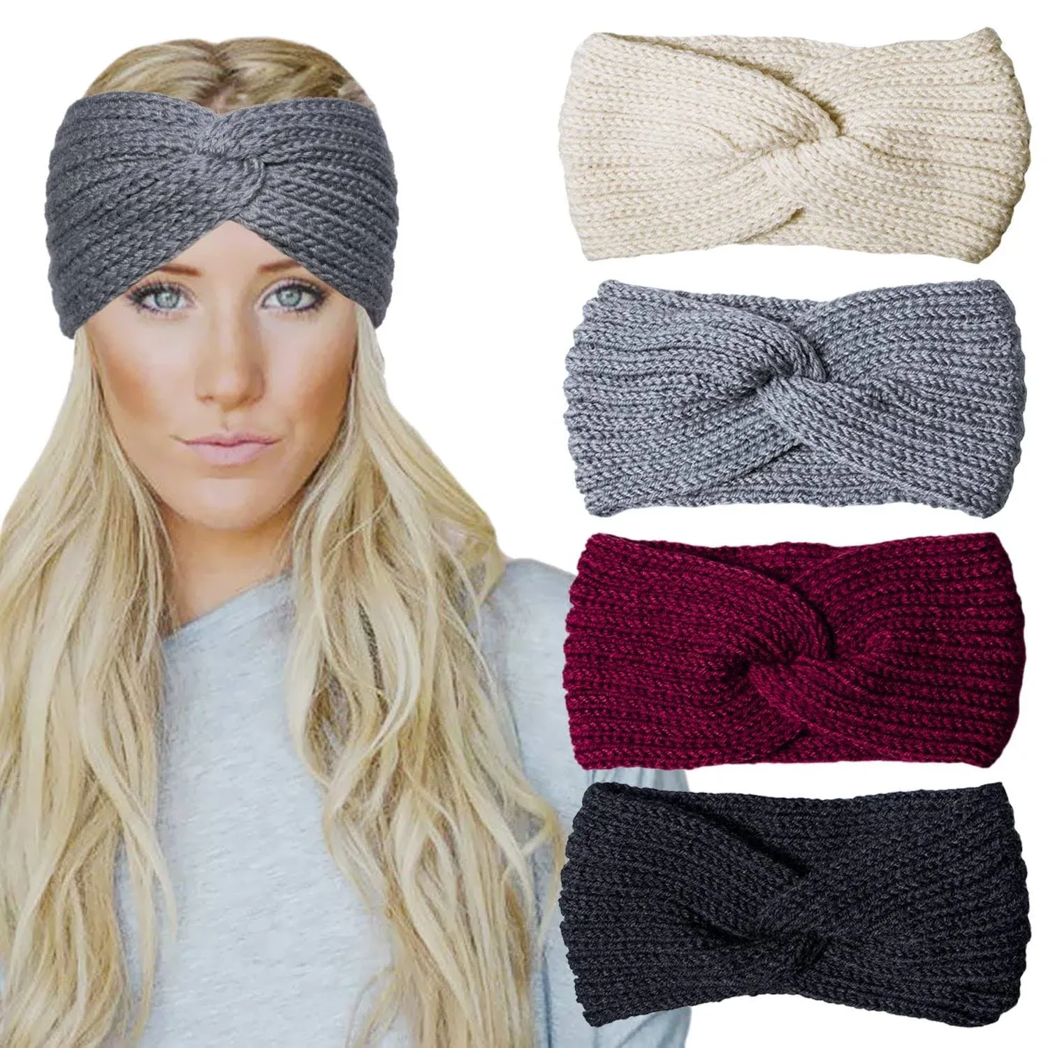 Warm Winter Headbands for Women Cable Crochet Turban Ear Warmer Headband Gifts with Plush