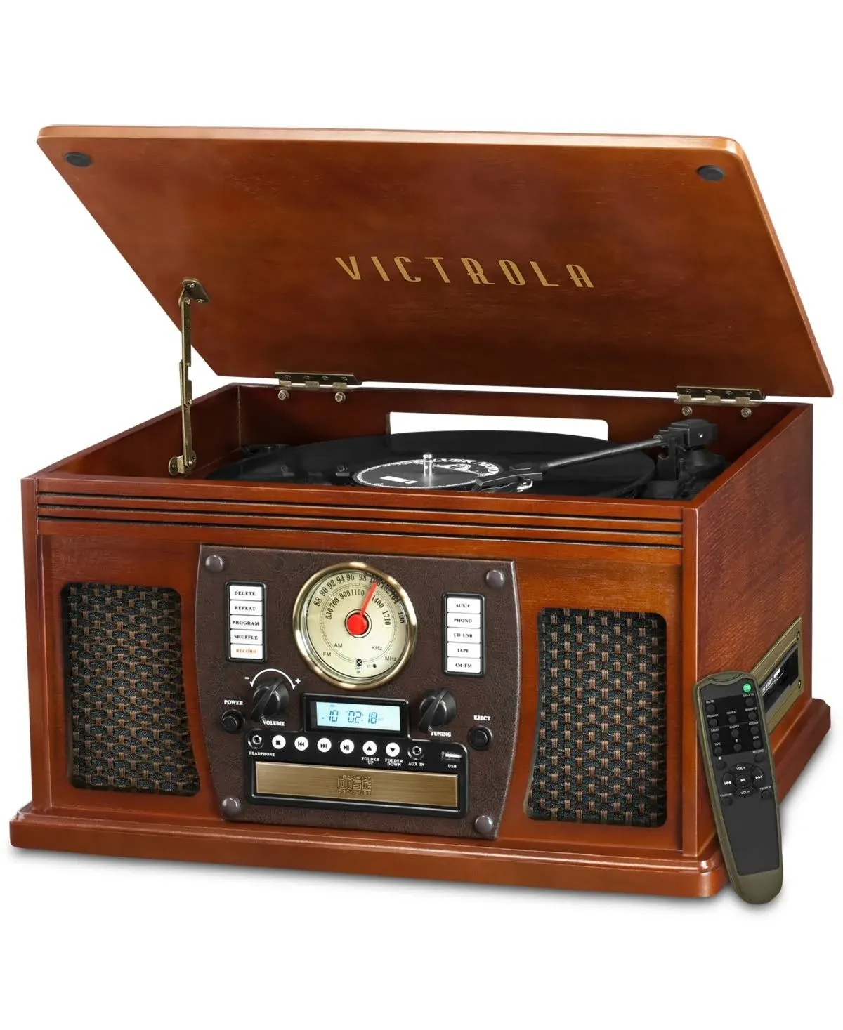 Victrola 8-in-1 Bluetooth Record Player & Multimedia Center, Built-in Stereo Speakers - Turntable, Wireless Music Streaming, Real Wood | Black, 1SFA