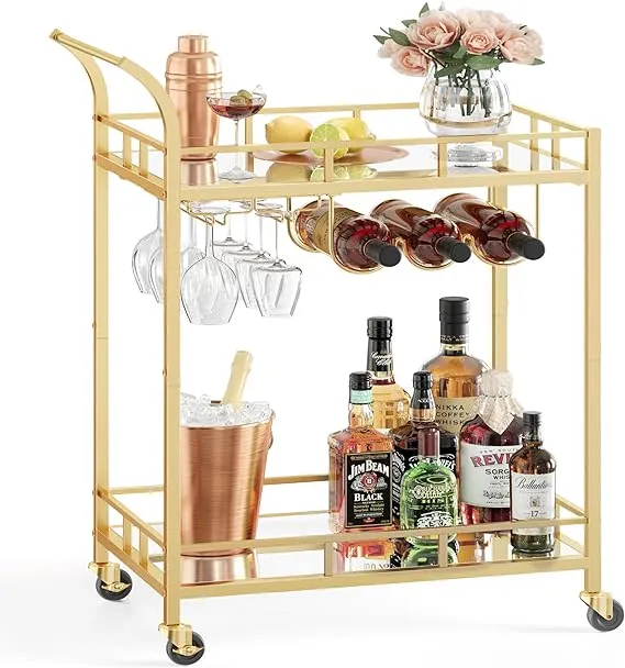 Wine Cart with 2 Mirrored Shelves Gold / 15"D x 26"W x 35.4"H