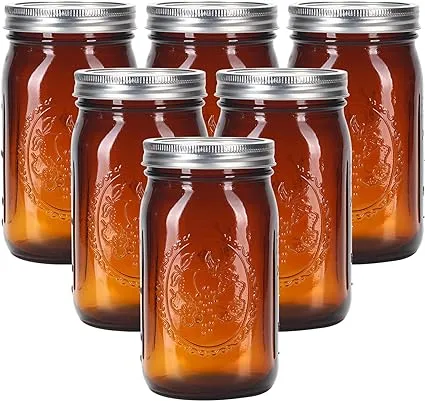 6 Pack 32 oz Amber Wide Mouth Mason Jars with Airtight Lids and Black Plastic Mason Jar Lids, Amber Canning Jars with Lids