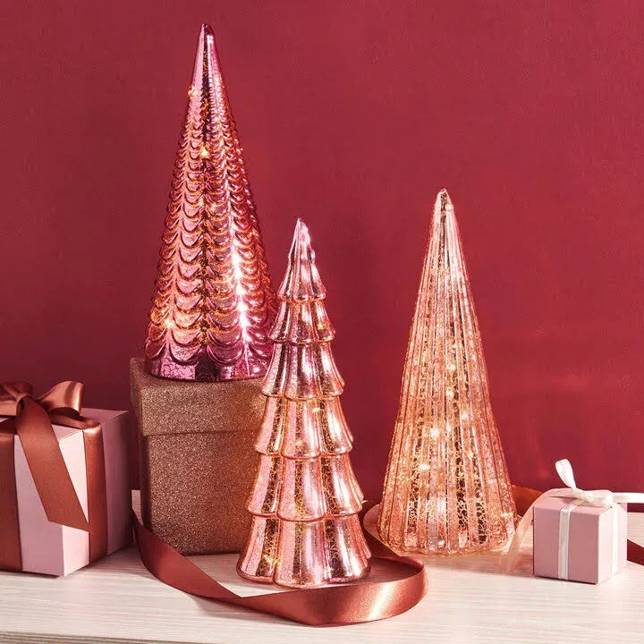 Juniper Glass Trees, Pink Mercury Glass, Set of 3 Pre-Lit LED Glass Holiday Trees ...