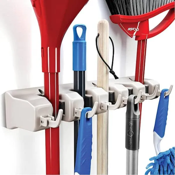 HOME IT Mop And Broom Holder - Garage Storage Systems with 5 Slots, 6 Hooks, 7.5lbs Capacity Per Slot - Garden Tool Organizer For 11 Tools - For Home, Kitchen, Closet, Laundry Room - Off-White