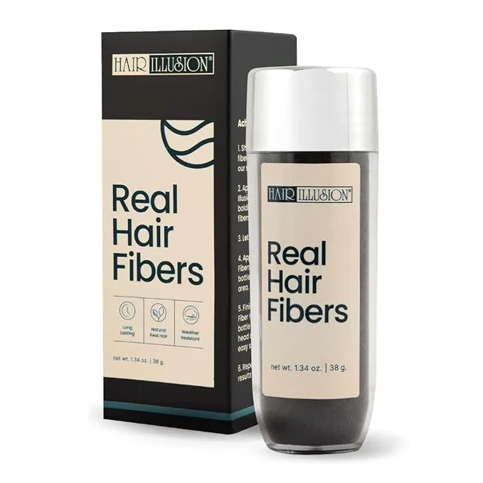 Hair Illusion Black Real Hair Fibers for Thinning Hair - 100% Natural Texture, Non Synthetic Hair Fibers - Bald Spot Cover Up for Women & Men - 38 Gram