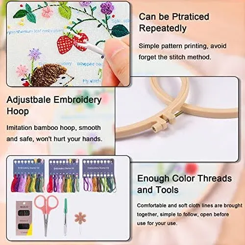 chfine 3 Sets Embroidery Stitches Practice Kit, Embroidery Kit for Beginners Adults, Embroidery Starter Kit Stamped Cross Stitch Sets Beginners Embroidery Kit with Instructions & Tools