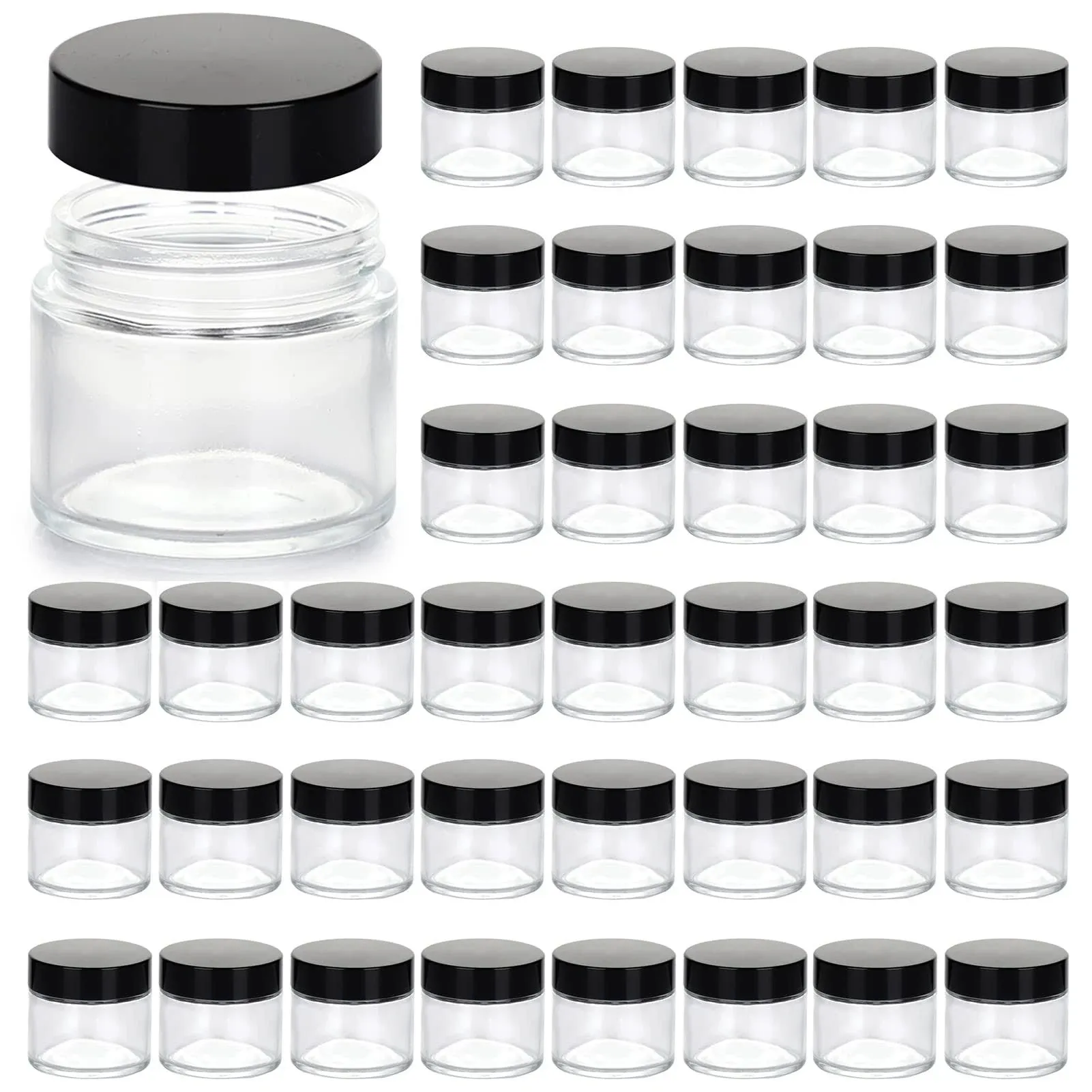 2oz Glass Jars 24 Pack, Hoa Kinh Mini Round Clear Glass Jars with Inner Liners and Black Lids, Perfect for Storing Lotions, Powders and Ointments.