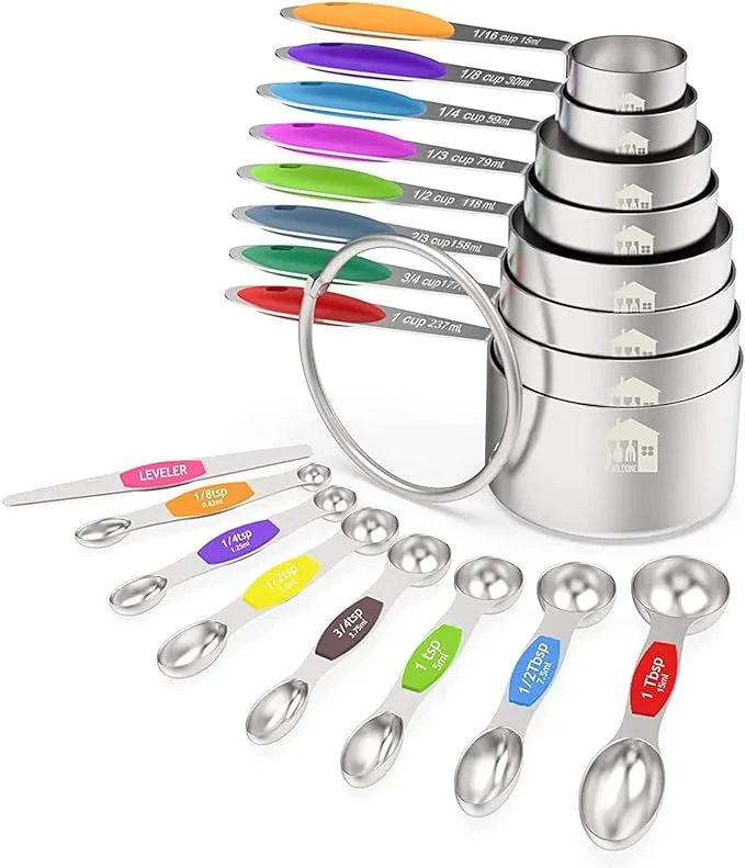 Measuring Cups and Magnetic Measuring Spoons Set, Wildone Stainless Steel 16 Piece Set, 8 Measuring Cups & 7 Double Sided Stackable Magnetic Measuring Spoons & 1 Leveler