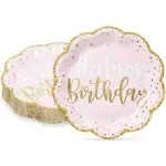 48-Pack Pink Happy Birthday Party Plates with Gold Glitter Edges 9 In