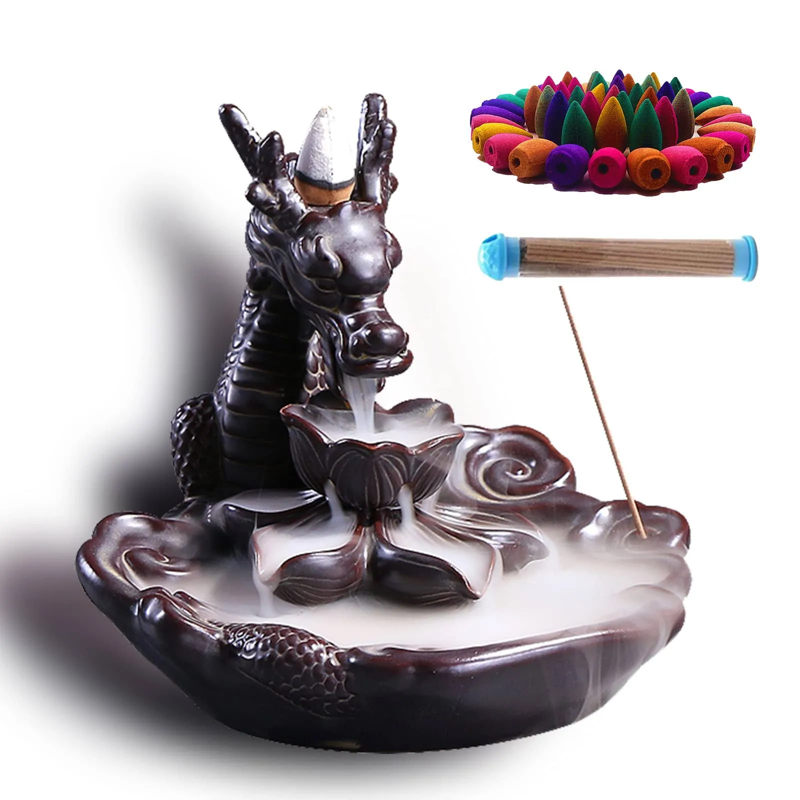 YIENENG Dragon Incense Waterfall Burner Ceramic Backflow Incense Holder Set with Incense Cones and Incense Sticks