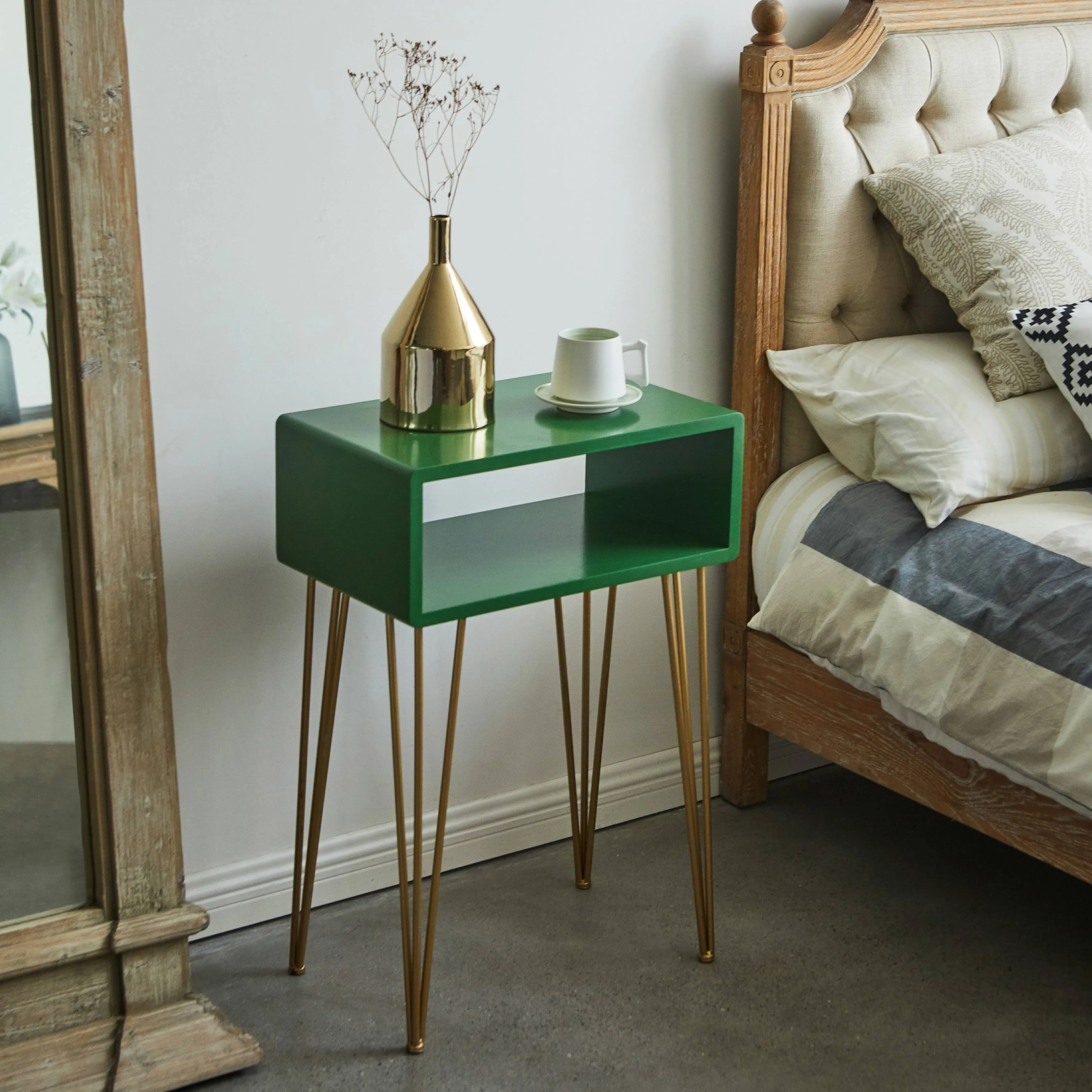 COZAYH Modern Contemporary Nightstand, Metal Haripin Legs - Green/Gold