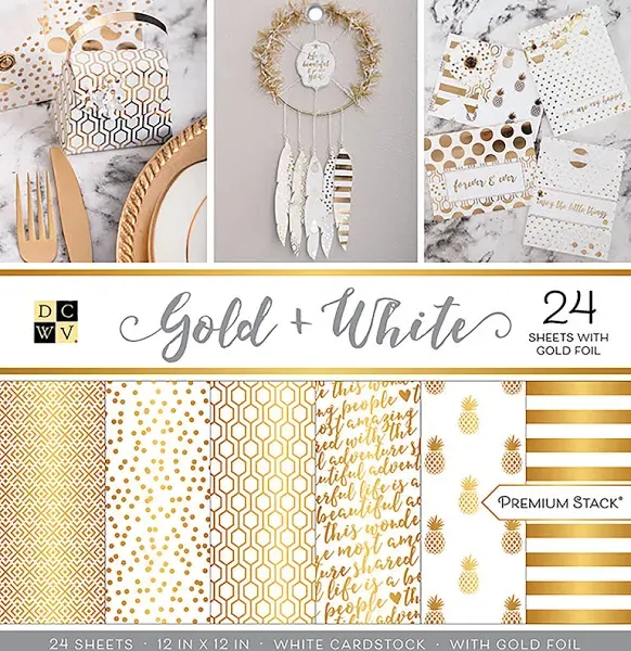 Die Cuts With a View Card Stock Gold &amp; White Premium Printed Cardstock Stack-...