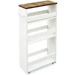 TEAMIX 4 Tier White Slim Storage Cart with Handle, Slide Out Storage Rolling Utility Cart Mobile Shelving Unit Organizer Trolley for Small Spaces