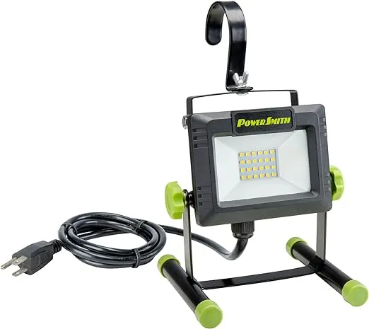 PowerSmith PWLS020H 2000 Lumen LED Weatherproof Tiltable Portable Work Light with Large Adjustable Metal Hook, 360° Tilt, Metal Stand, Impact-Resistant Glass Lens and 5 Year Warranty , Black