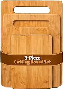 Wood Cutting Boards for Kitchen - 3 Piece Bamboo Cutting Board Set, Reversible Wooden Board with Handle for Meal Prep & Serving, Butcher Block for Meat, Chopping Vegetables, or Fruits Assorted Size