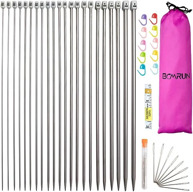 22 Pieces 2.0mm (B)-8mm (Length) Stainless Steel Single Pointed Knitting Needles (11 Pairs, 11 Sizes, 14 Inch) with Large Eyelet Sewing Needles (36 cm), 36 cm