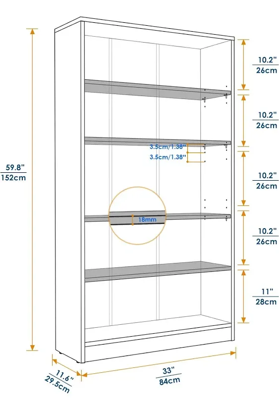 5-Shelf Wood Bookcase Freestanding Display Bookshelf for Home Office School (Mahogany,11.6" Depth*33" Width*59.8" Height)