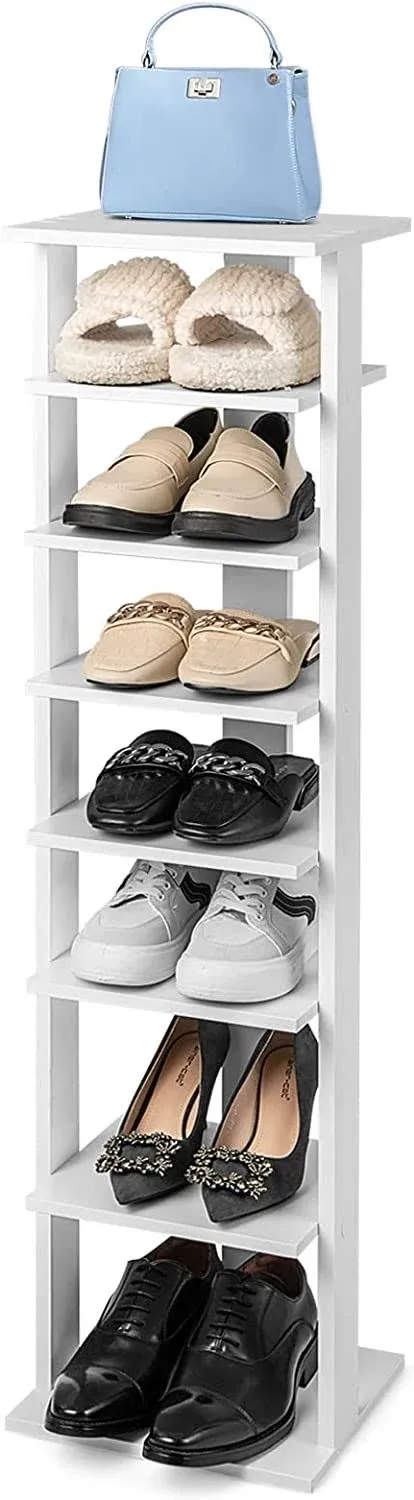 Giantex 8-Tier Vertical Shoe Rack, Patented Corner Shoe Storage Organizer for 8 Pairs, Freestanding Narrow Shoe Rack, Morden Space-Saving Shoe Tower for Entryway, Living Room, Bedroom (White, Single)