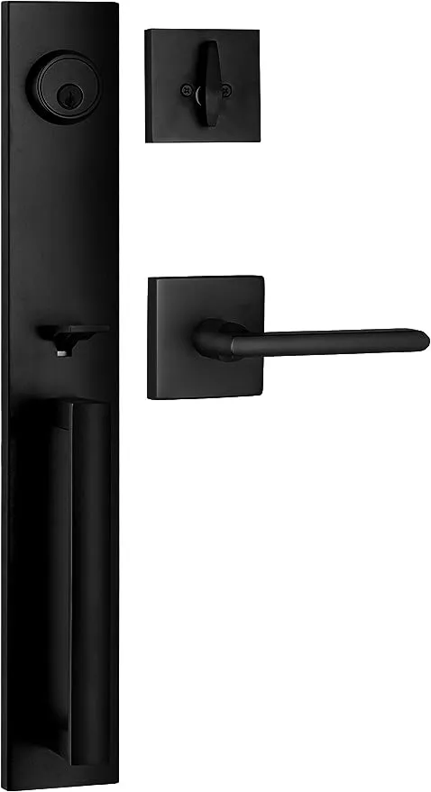 Berlin Modisch Full Escutcheon HandleSet Front Door Entry Handle and Deadbolt Lock Set Slim Square Single Cylinder Deadbolt and Lever Heavy Duty – Iron Black Finish