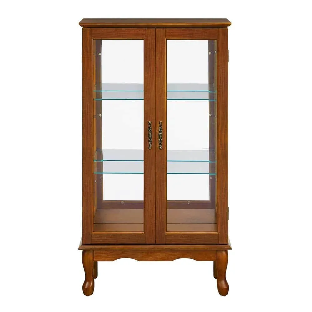 Display Cabinet Adjustable Shelves+Mirror<wbr/>ed Back Panel Tempered Glass Oak Brown