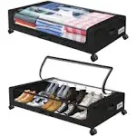 2 Pack Under Bed Storage with Wheels, Large Capacity Under Bed Storage Containers with Clear Lid,Handle,Label, Rolling Under Bed Shoe Storage Organizer for Clothes Toy Shoe Blanket (Black)