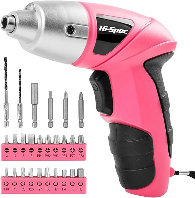 Hi-Spec Electric Screwdriver 27pc 3.6V Pink USB Small Power Screwdriver Set. Cordless Screwdriver & Rechargeable Screwdriver with Driver Bit Set