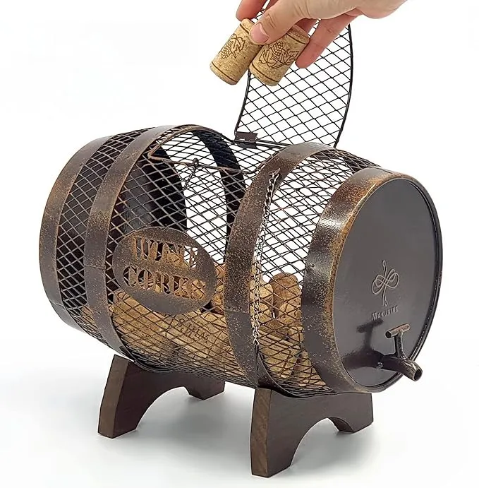 Rustic Metal Large Barrel Wine Cork Holder Display On Wooden Stand