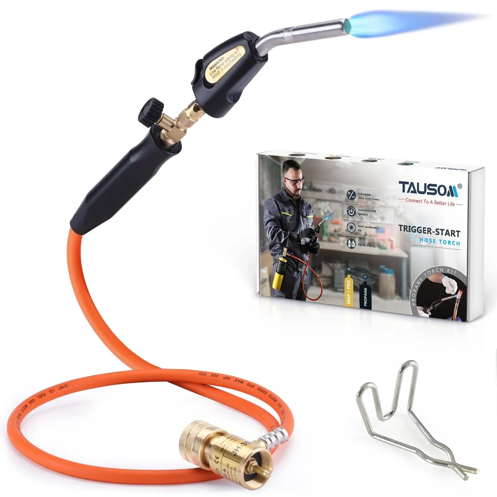 Propane Torch Hose Kit 3.6Ft, Map Gas Torch Kit, Mapp Gas Torch Trigger Start, Adjustable Flame Knob Near Torch Head Stainless Steel, Soldering Torch for Gift-with Hook